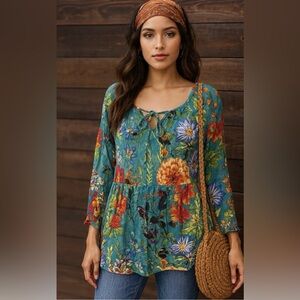 Suzanne Betro Boho Floral Tunic Top Teal Multicolor Artsy Cottagecore Chic XL